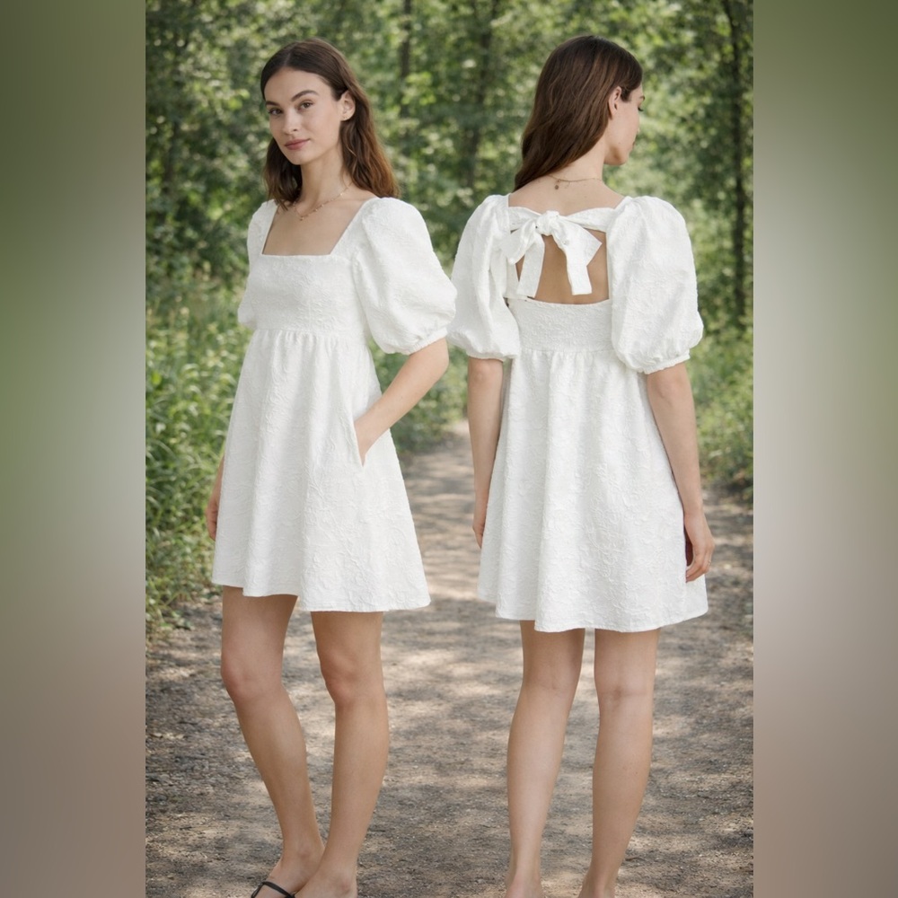 Free People White Puff Sleeve Mini Dress with Back Tie